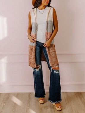 Easel Sleeveless Hooded Duster Cardigan | Colorblock | Size M